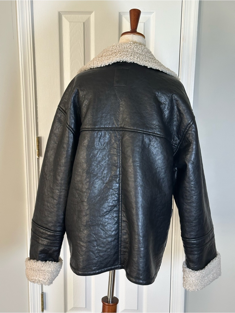 We The Free Kaja Vegan Black Faux Leather Bomber Jacket with Cream Sherpa - Picture 5 of 8